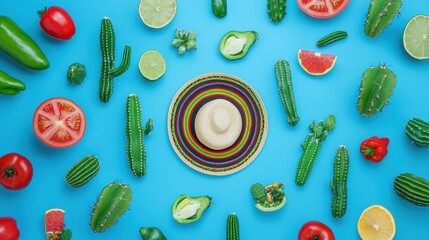Bright, festive Mexican-themed flat lay with a classic sombrero, lively cacti, and traditional party elements.