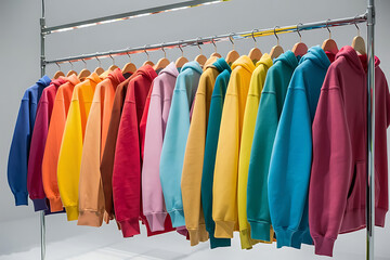 Colorful Hoodie Collection on Clothing Rack Fashion Display of Vibrant Sweatshirts
