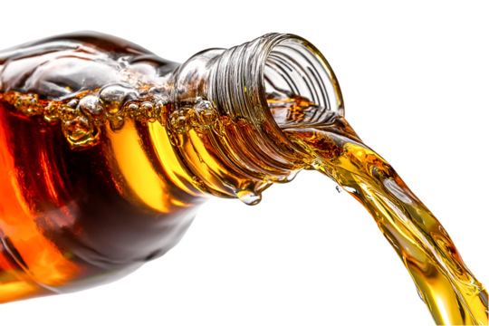 Amber liquid pours from bottle dynamic flow refreshing drink