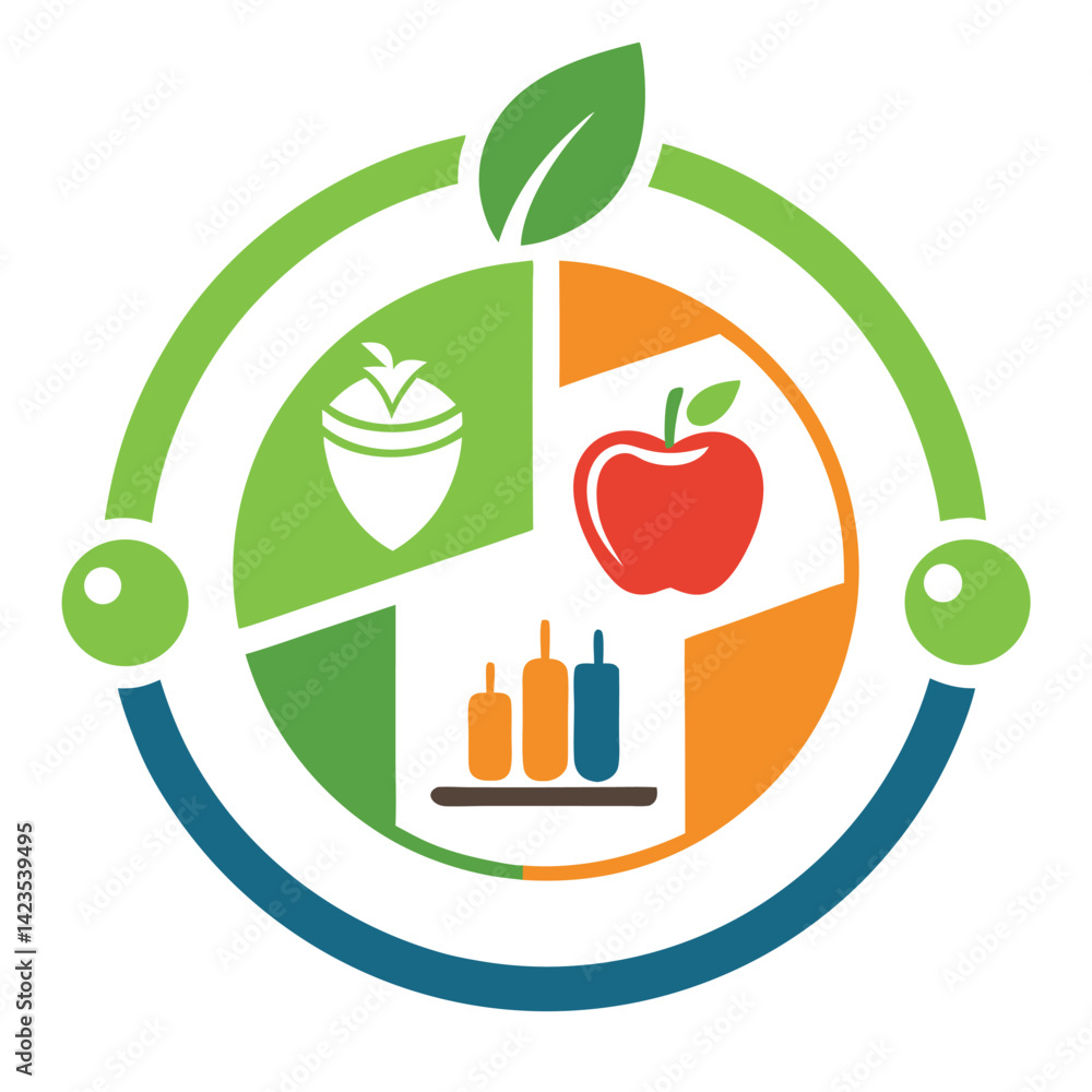 Poster vector logo design for a nutrition tracking app incorporating colorful elements representing food an
