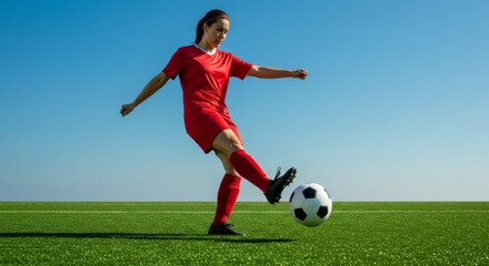 Female Soccer Player Kicking Ball Against Clear Blue Sky