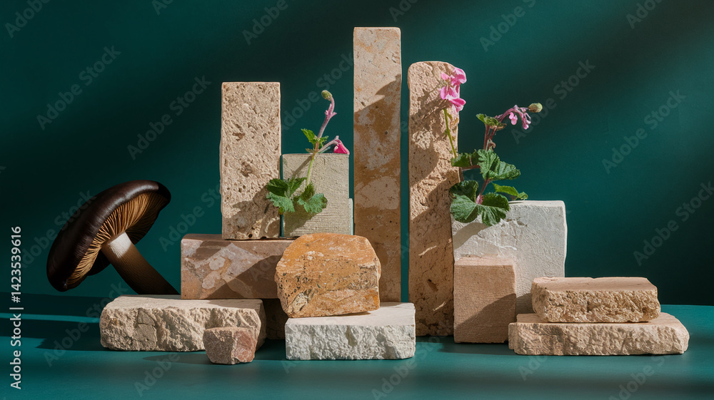 Aufkleber stone blocks and a mushroom form a minimalist still life, accented by delicate pink flowers. showcas
