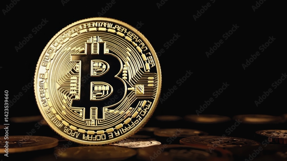 Poster a close-up view of a single bitcoin gold coin with the bitcoin symbol on it. the coin sits on top of
