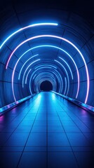 Vibrant neon lights illuminate a futuristic tunnel at night in an urban setting