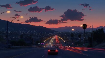 City highway at night, clouds illuminated by streetlights, cars moving fast.