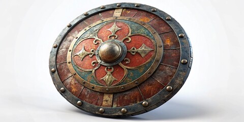 Fototapeta premium Rusted Medieval Round Shield with Crest - High-Resolution Stock Photo
