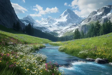 Gardinen Flowing River Through Mountain Valley with Snow-capped Peaks and Wildflowers © pupuy