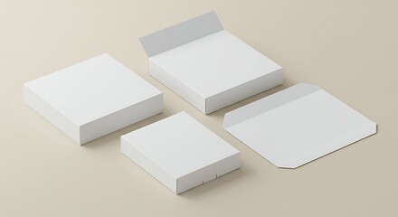 Arrangement of Various White Boxes and Mailer on Neutral Surface