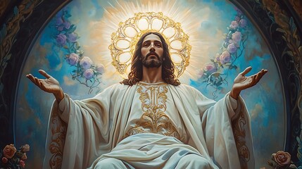 Stylized Jesus on a radiant throne of celestial motifs, clothed in white robes with gold embroidery, arms open in blessing.