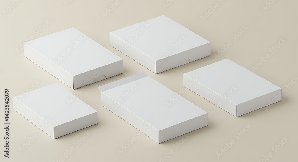 Poster arrangement of simple rectangular white boxes on neutral background