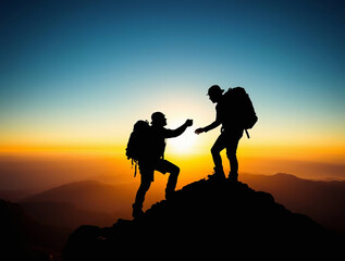 two individuals on a mountain peak during sunset. The layout features one person reaching down to help the other climb up, both wearing backpacks and climbing gear
