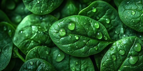 Fresh spinach leaves glistening with water droplets in a vibrant green display during early morning light