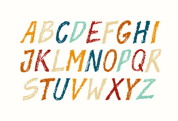 Typography colored font with scribble alphabet. Modern abstract typeface design with letters in crayon style. Set of English alphabet, school kid vector illustration