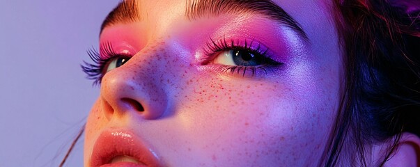 Fototapeta premium Young woman with freckles posing under colorful lights