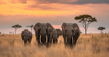 Obraz premium African Elephants Walking Through the Savanna at Sunset