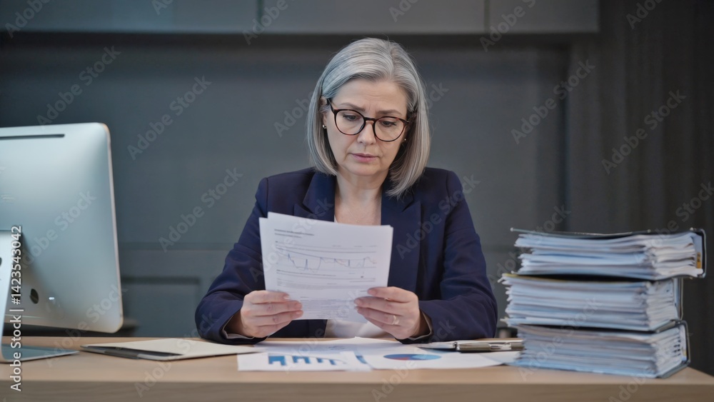 Poster office worker reading a document on her desk. the desk is cluttered with various papers and a comput