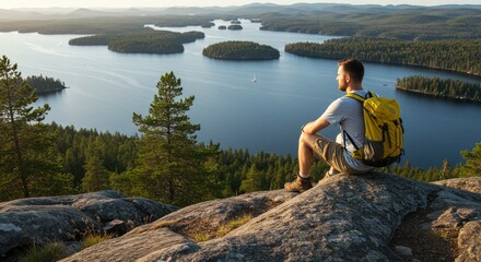 Hikers Scenic View of Islands and Lakes in a Forest Landscape
