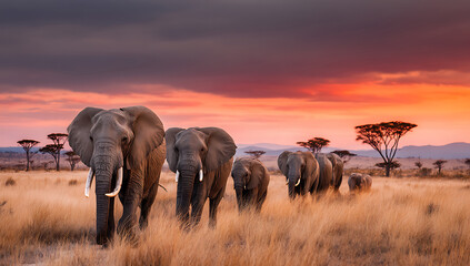 Fototapeta premium Elephant Herd Walking in the African Savannah at Sunset