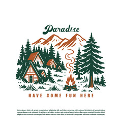 Fototapeta premium Retro hand drawn cottage camping in the wild forest isolated on white background