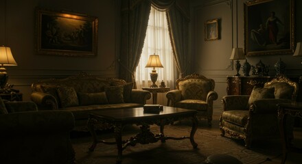 Ornate Living Room with Sofa, Chairs, Table, and Artwork