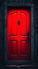 A vibrant red door with intricate woodwork set against a dark, rustic wooden background