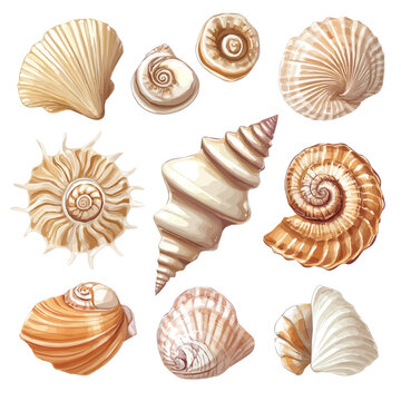 My Very Simple flat 2D icon of a Collection of seashell elements isolated on a transparent background, vector, flat design, simple flat 2D icon, eps format