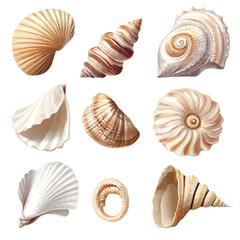 A Very Simple flat 2D icon of a Collection of seashells isolated on a transparent background, vector, flat design, animation design, vector, simple flat 2D icon, minimalist, eps