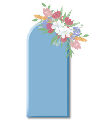 Light blue arched frame decorated with colorful pastel flowers and green leaves in the upper right corner. Blank space for text or image