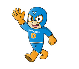 Cartoon superhero character representing Vitamin D, wearing a dynamic costume with a sun symbol and the letter "D" on the chest. The character is designed in a fun, energetic style with a bright color