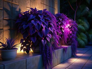 Obraz premium Purple Heart Sweet Potato Vine & Mexican Feather Grass Patio Scene - Sunny Day Limestone Wall