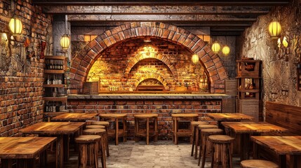 Classic rustic sausage and bread shop interior with a brick oven, detailed wooden tables, and golden light filling the area, offering a cozy, welcoming feel.