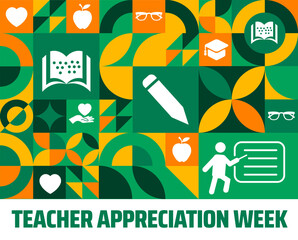 teacher appreciation week Geometric shape pattern background banner or poster design template. observed every year in May. Holiday concept. Use to any Template, card, poster, placard, template.
