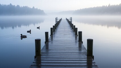 Fototapeta premium The image shows a wooden pier on a misty lake with ducks swimming in the water. In the background