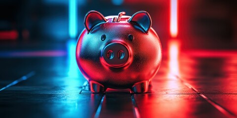 Shiny piggy bank illuminated with colorful lights on a dark surface in a modern setting at night