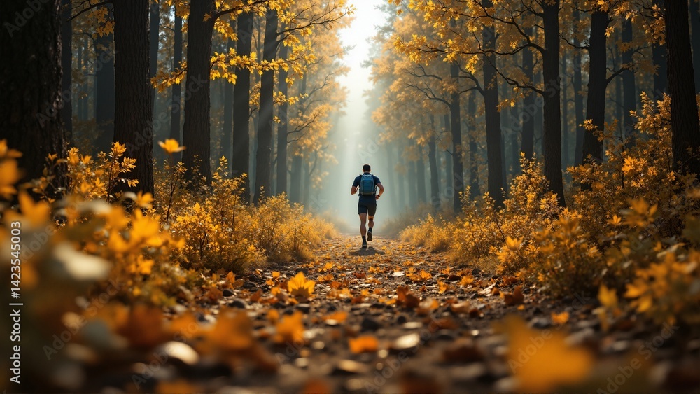Poster the image shows a man running through a forest in the fall