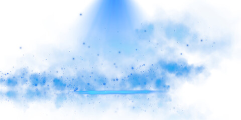 A glowing blue spotlight illuminates a misty atmosphere with sparkling particles, evoking a cosmic feel.