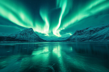Naklejka premium Stunning Northern Lights Over Frozen Landscape Reflecting in Icy Waters at the Polar Night, Generative AI
