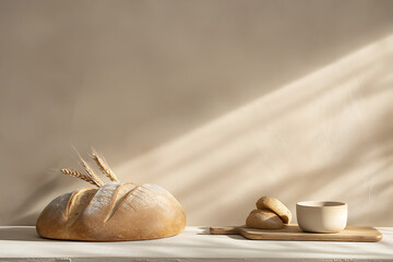 bakery display, bakery items displayed in a rustic setting with natural light and textured elements