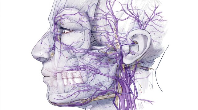 The trigeminal nerve distribution overlaid with vascular mapping, highlighting the relationship between facial port-wine birthmarks and the underlying neurological involvement in Sturge-Weber Syndrome