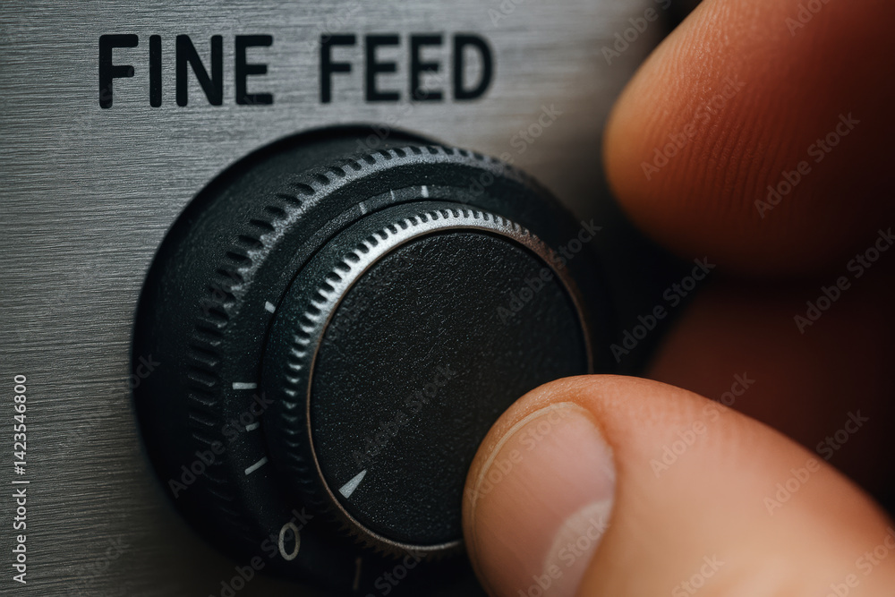 Poster hand adjusts fine feed dial in workshop setting, showcasing precision and craftsmanship in lathe sho