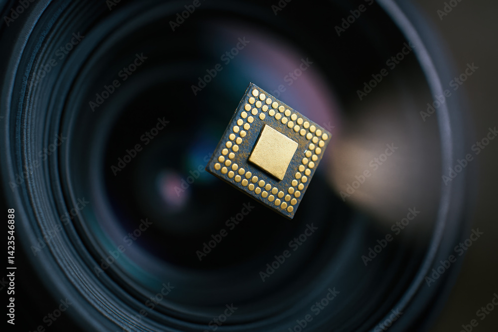 Aufkleber close up view of camera lens with sensor chip positioned at center showcasing intricate details and 