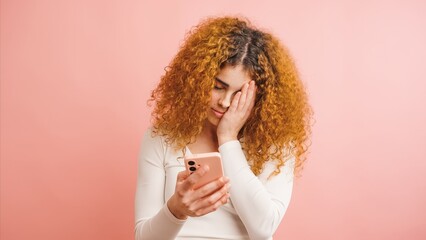 Young woman feeling tired while reading bad news on mobile phone