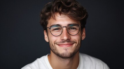 Obraz premium Handsome young man with glasses smiling on dark background