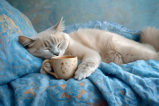 White cat sleeping peacefully with coffee cup on blue blanket