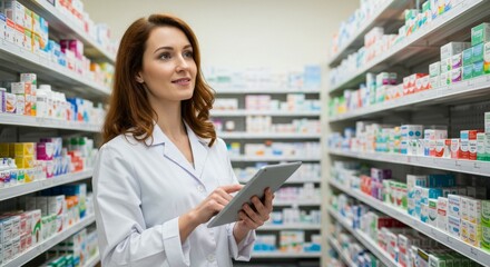 Pharmacist Using Digital Tablet in Bright Pharmacy Aisle