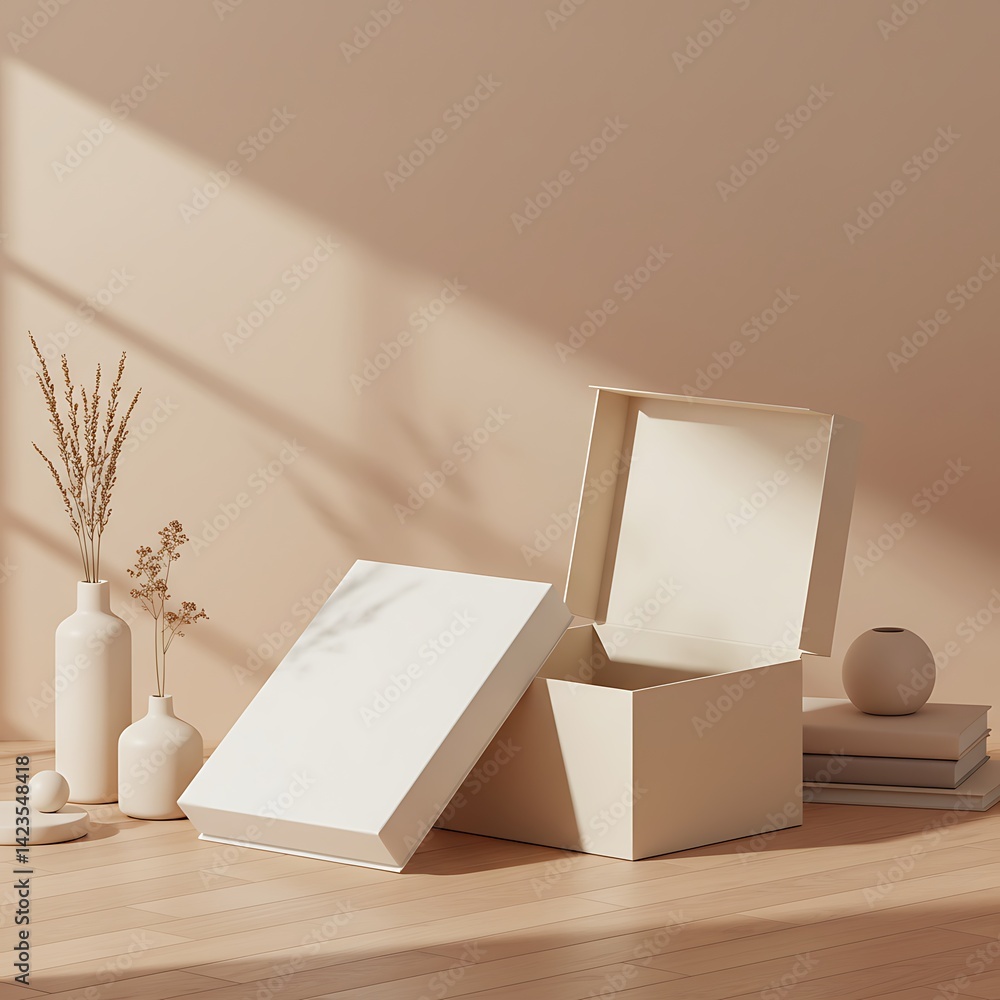 Poster open box mockup with decorative elements and soft light