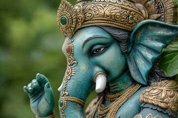 Obraz premium Intricate green and gold statue of hindu deity ganesha with ornate detailing
