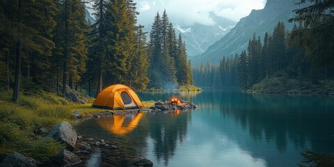 A cozy campsite by a serene lake surrounded by tall pine trees, tents set up near a crackling fire, wide angle shot, earthy greens and warm oranges generated  by AI.