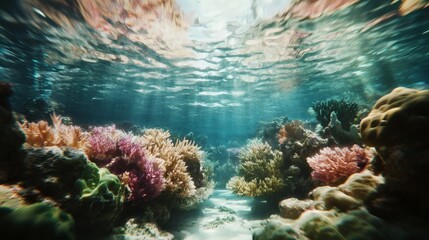 Underwater coral reef scene, sunlight beams, vibrant colors, ocean floor, nature background, travel