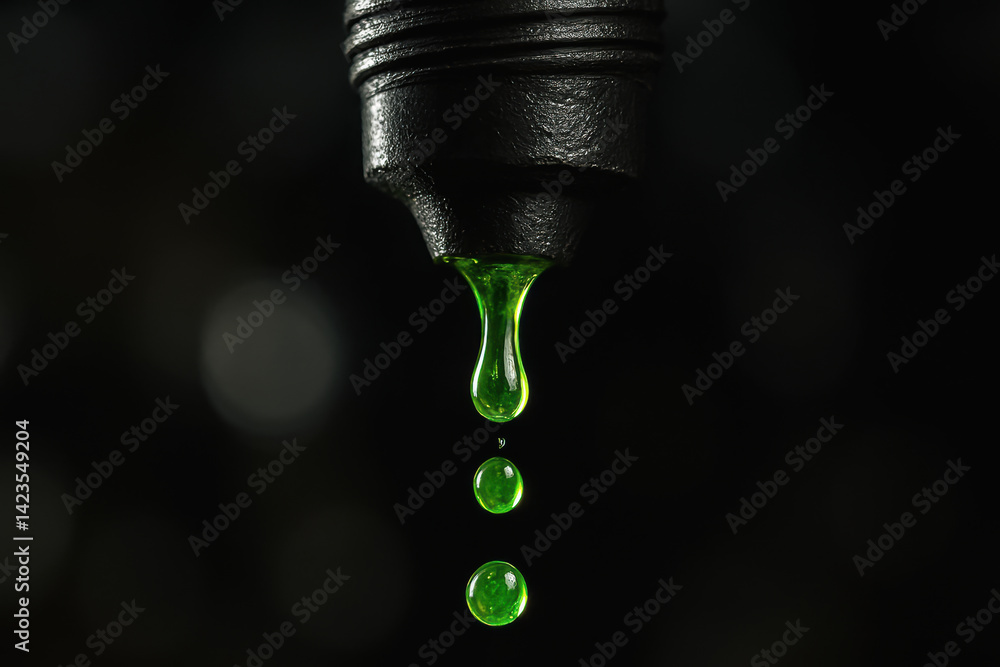 Poster green liquid drips from nozzle creating mesmerizing effect in shop